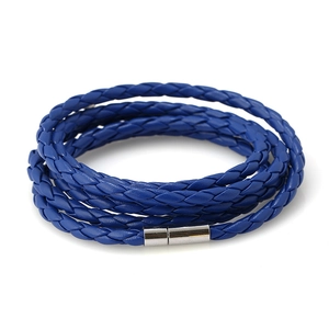 Navy blue multi-layer braided PU leather bracelet with magnetic silver metal clasp