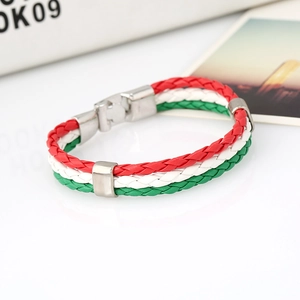 Braided leather flag bracelet in red white green with silver magnetic clasp