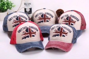 Group of vintage washed canvas baseball caps with United Kingdom flag and star rivets