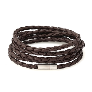 Dark brown multi-layer braided leather bracelet with a silver magnetic clasp on white background