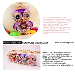 Détails du porte-clés hibou coloré en émail avec strass montrant les dimensions et l'alliage