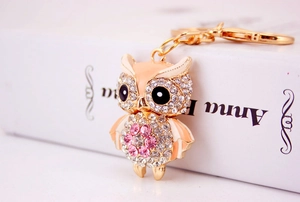 Macro d'un porte-clés hibou doré avec strass brillants sur un livre décoratif