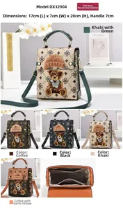 Detailed grid showing 17x7x20cm monogram crossbody bag with bear patch and internal layout