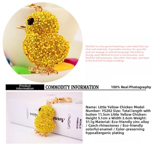 Detailed size specifications for the jeweled yellow chick keychain in zinc alloy