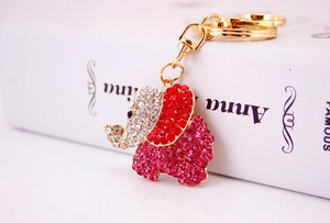 Detailed view of elephant keychain with red and pink rhinestones on a gold-tone metal base