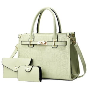 Mint green 3-piece bag set with crocodile texture, gold hardware, and top-handle design
