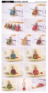 Detailed view of rhinestone turtle keychains in blue, brown, purple, pink and green colors