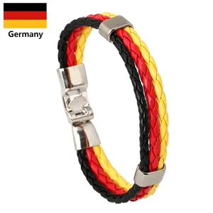 Braided Woven Bracelet National Flag Colors PU Leather Alloy Buckle Casual Wristband Jewelry For Men Women