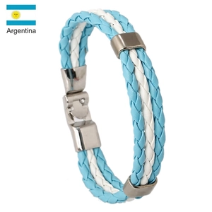 Braided Argentina flag themed bracelet with light blue and white leather bands and silver metal clasps