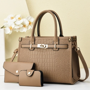 Three-piece women's khaki faux crocodile tote bag set with handbag and key pouch