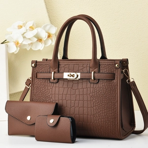 Three-piece set of brown faux crocodile leather tote bag with wallet and card holder