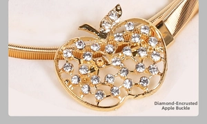 Détail de la boucle pomme dorée avec strass sur une ceinture métallique fine à ressort
