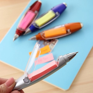 Detail showing the 2-in-1 ballpoint pen with integrated sticky notes in multiple colors