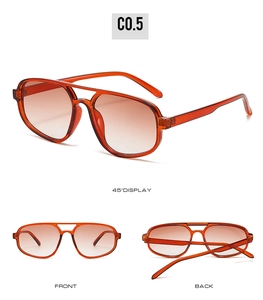 Detailed views of orange pilot sunglasses with double-bridge design and gradient lenses