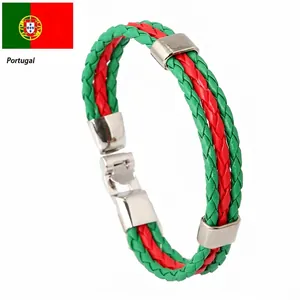 Three-strand braided synthetic leather bracelet in Portugal flag colors with metal clasp