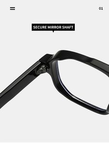 Detailed close-up of the secure metal hinge and glossy black frame on square glasses