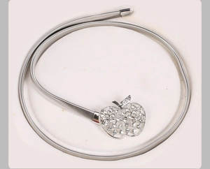 Détail de la chaîne de taille élastique argentée avec boucle strass en pomme
