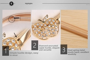 Détail de la boucle pomme en strass et ceinture élastique en acier pour robes