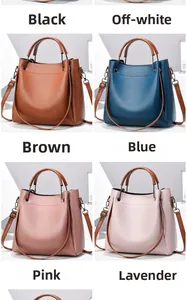 Comparaison détaillée de sacs seau en similicuir en jaune, bleu marine, rose et violet