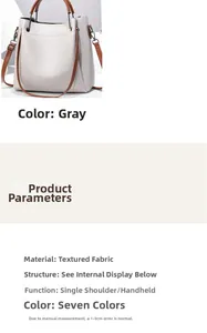 Vue détaillée du sac seau gris en cuir grainé avec poignées marron et ses caractéristiques