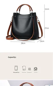 Dimensions détaillées du sac seau en cuir noir avec anses marron et grande contenance