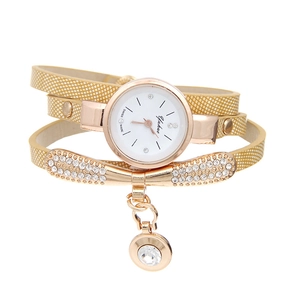 Women's gold wrap bracelet watch with sparkling rhinestones and white round dial