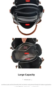 Vue intérieure du sac seau en cuir noir montrant sa grande capacité et ses compartiments
