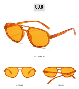 Detailed views of double bridge aviator sunglasses with amber tortoise frames and orange lenses