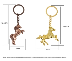 Detailed size view of galloping horse keychains in bronze and gold finishes