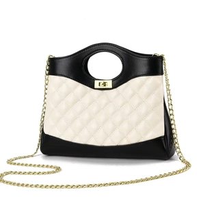 Sac À Main Matelassé Femmes Cuir PU Couleur Contrastée Sac Bandoulière Chaîne Dorée Fermoir Tournant Poignée Ronde Chic