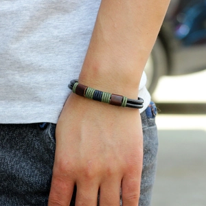 Retro multi-layer braided leather bracelet with bronze accents for men, casual style