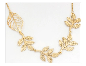 Detailed macro view of high-end golden hollow leaf hair chain accessory on white background