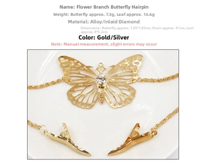 Macro detail of a gold alloy butterfly hair clip with rhinestones and elegant tassels