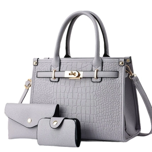3-piece grey crocodile pattern handbag set with crossbody bag, wallet, and card holder