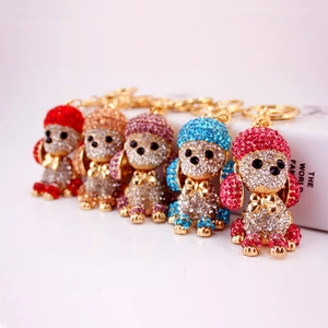 Cute Poodle Dog Rhinestone Keychain For Women Car Bag Hanging Pendant Zinc Alloy Gold Plated Crystal Dog Animal Key Ring