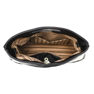 Vue intérieure du sac matelassé noir avec doublure rayée et poches zippées dorées