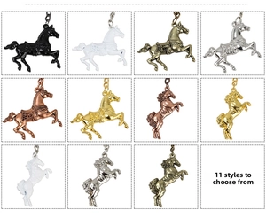 Detail view showing 11 varieties of horse-shaped keychains in various metal finishes