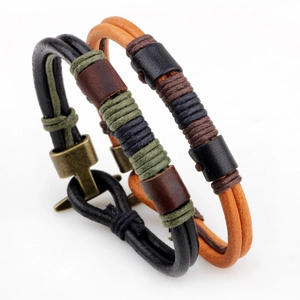 Retro bronze anchor buckle leather bracelet with woven wax rope in black and orange
