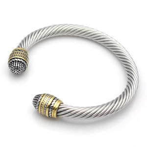 Retro two-tone twisted cable bangle in silver and gold stainless steel finish