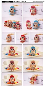 Detail showing various colors of rhinestone poodle keychains with gold plating