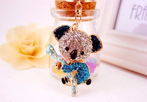 Detailed view of koala keychain featuring shimmering blue and clear rhinestones