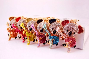 Detailed view of colorful rhinestone koala bear keychains on a sleek metal base