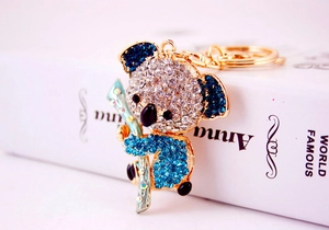 Macro shot of gold-plated koala keychain featuring blue and white rhinestones