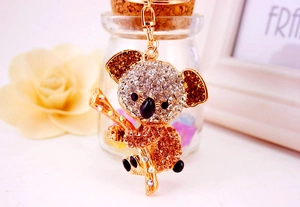 Macro view of gold koala keychain with sparkling brown and rainbow rhinestones