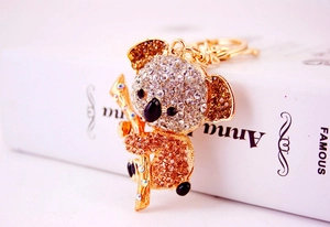 Detailed close-up of a crystal-studded koala keychain with rhinestones and golden metal