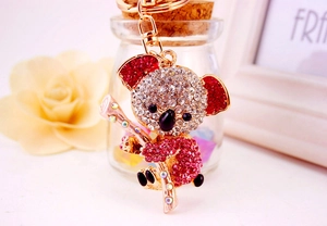 Detail of sparkling crystal-studded koala keychain with golden finish and pink rhinestones