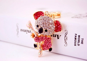 Macro detail of koala keychain featuring pink rhinestones on a gold alloy metal frame