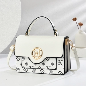Women Crossbody Handbag PU Leather Monogram Print Gold Metal M Decoration Top Handle Versatile Shoulder Bag Fashion