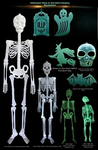 Detailed catalog of glowing Halloween skeleton hanging ornaments and tombstone props