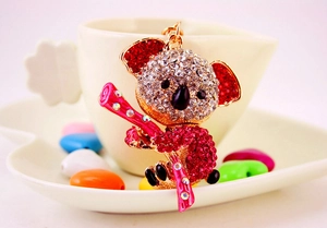 Macro view of crystal koala keychain with pink accents and rhinestone details